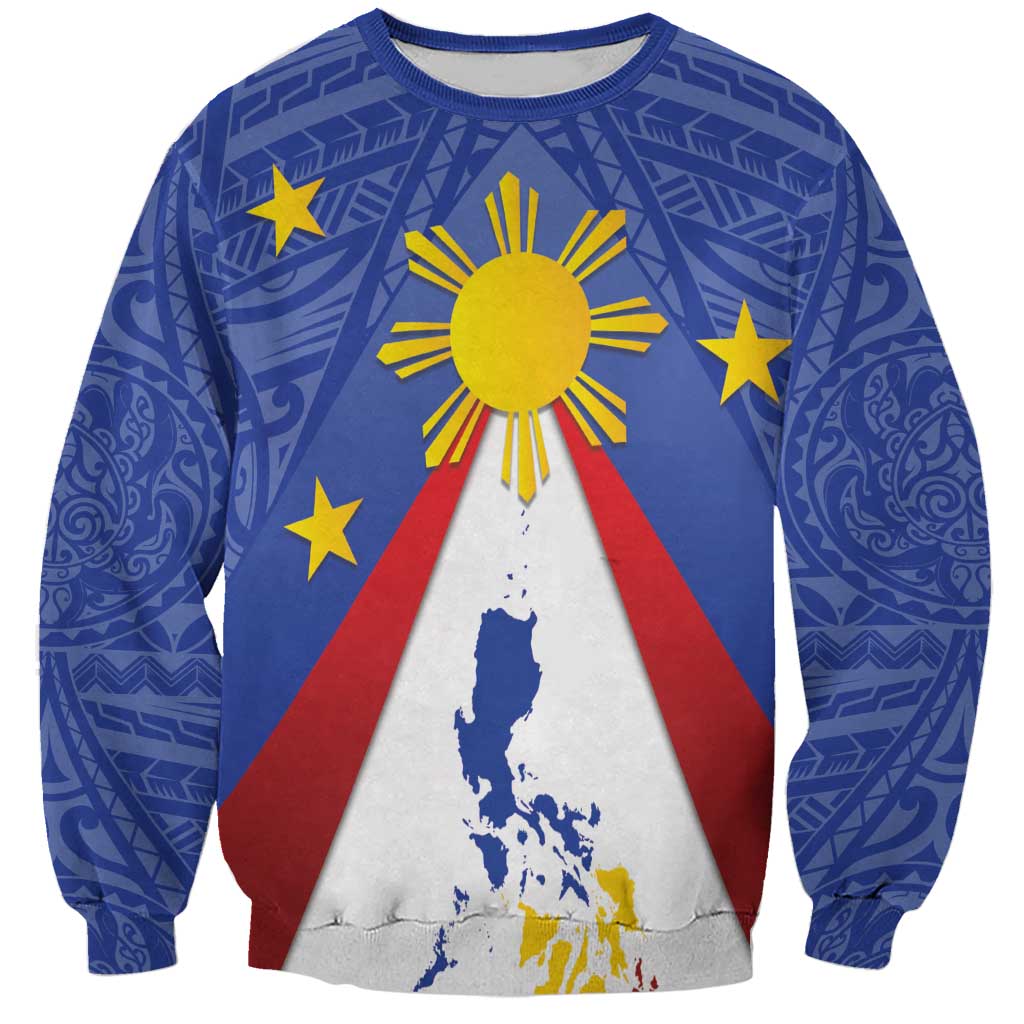 Unisex blue crewneck sweatshirt with sun, stars, and red-white graphic center