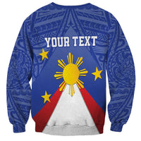 Unisex blue crewneck sweatshirt with 'YOUR TEXT' on back and sun-star graphic