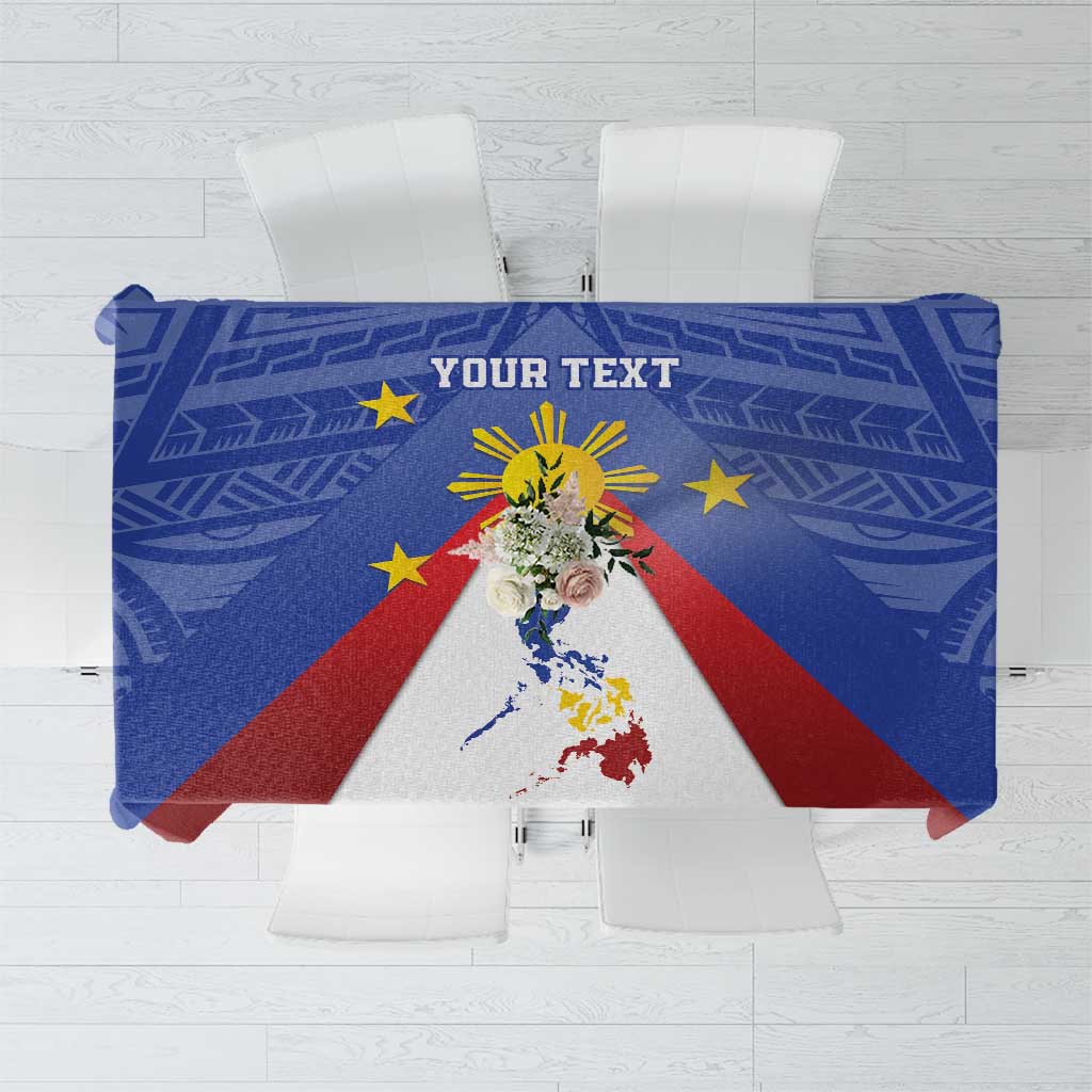 Blue tablecloth with Philippines map and sun graphic, 'YOUR TEXT' banner
