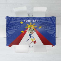 Blue tablecloth with Philippines map and sun graphic, 'YOUR TEXT' banner