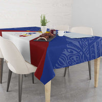 Blue tablecloth with Philippines map-and-sun design and red accent panel