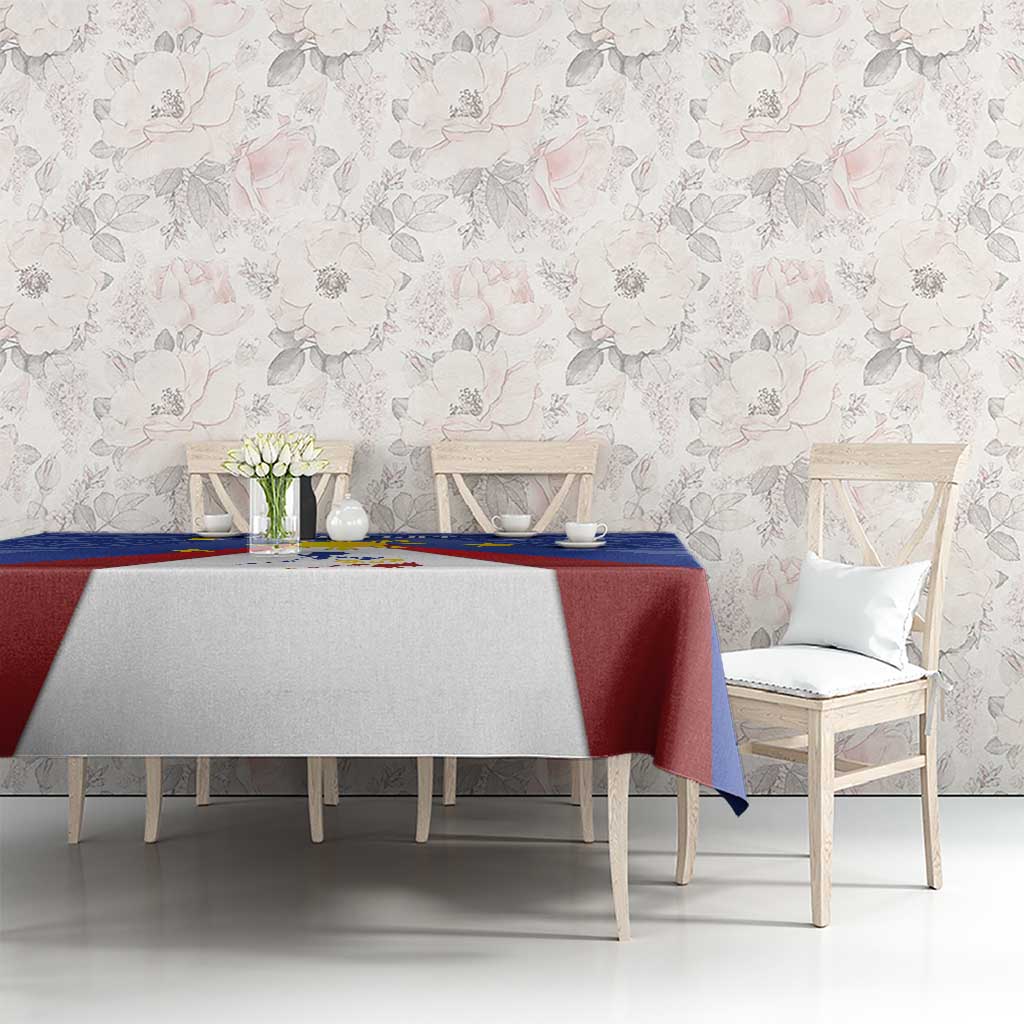 Blue tablecloth with red border and colorful Philippines map and sun emblem