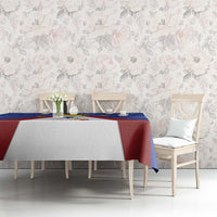 Blue tablecloth with red border and colorful Philippines map and sun emblem