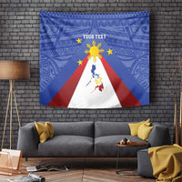 Blue tapestry featuring Philippines map beneath yellow sun and stars, with red and white stripes