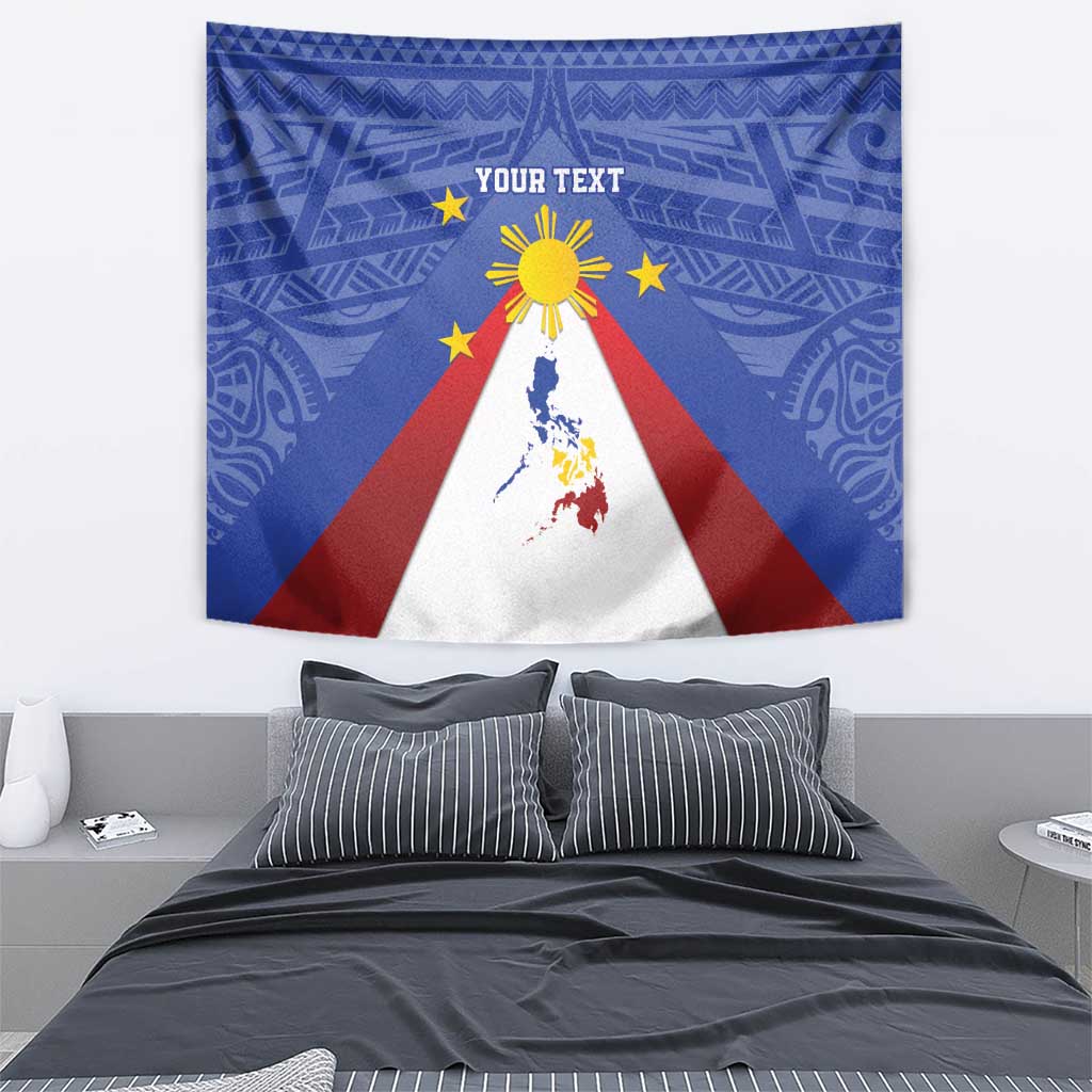 Blue wall tapestry with Philippines map, sun motif, and red white triangular stripes