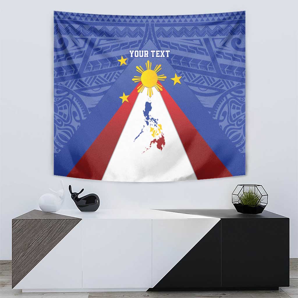 Blue wall tapestry showing Philippines map centered under a yellow sun and stars with red trim