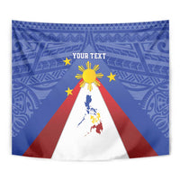 Blue tapestry close-up with centered Philippines map, yellow sun, stars, and red striped rays