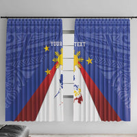 Blue curtain panels showing sunburst emblem and Philippines map in the center