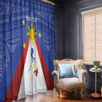 Blue curtain panels with sun emblem and Philippines map flag graphic, full length