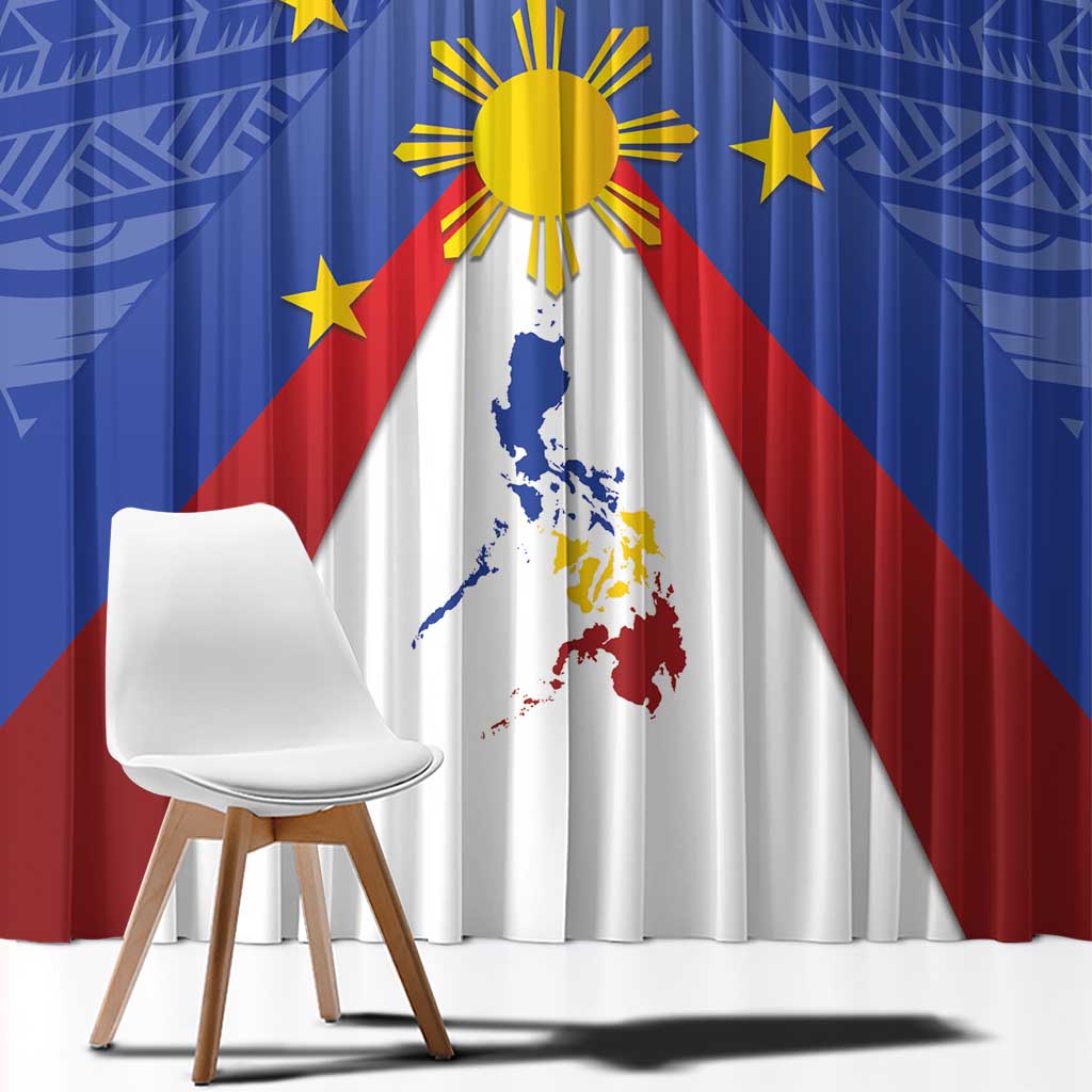 Blue curtain with bold sunburst emblem and Philippines map graphic, close-up