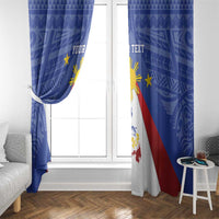 Blue window curtain panels with Pilipinas sun and Philippines map graphic