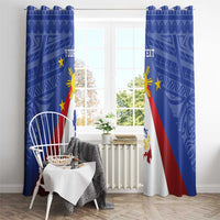 Blue window curtain panels with sun emblem and Philippines map graphic, floor-length