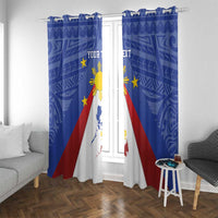 Blue curtain panels with Pilipinas sunburst emblem and Philippines flag stripes