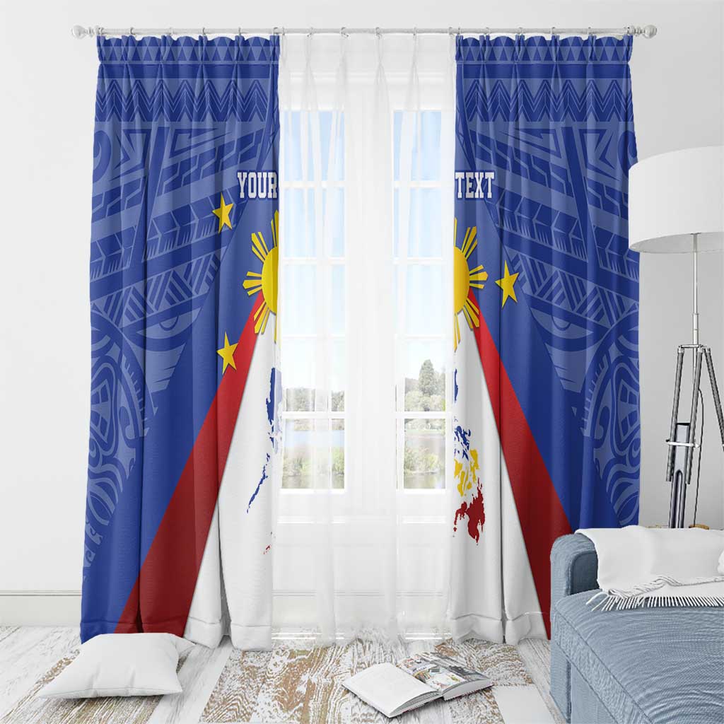 Blue window curtain panels with sun emblem and Philippines map; top hanging hooks