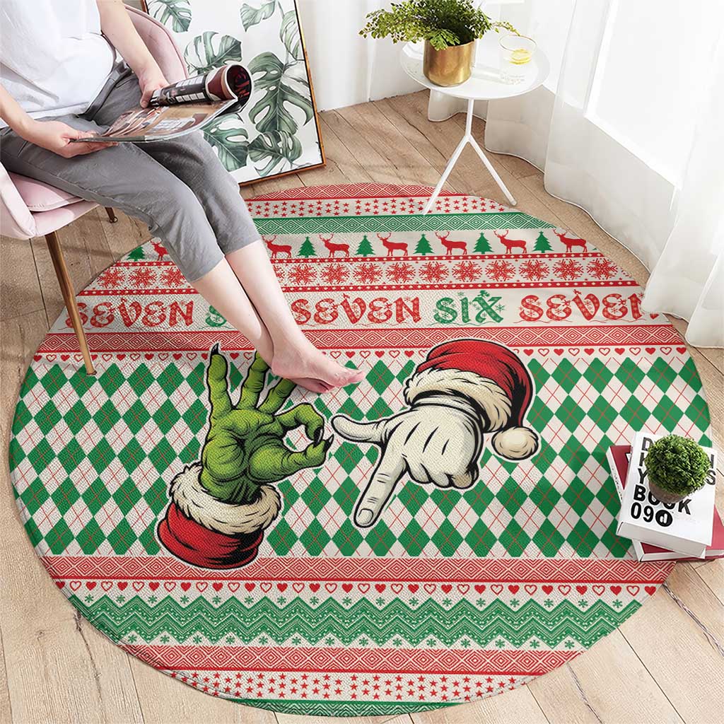Six Seven Meme Round Carpet Funny Green Hand Christmas - Wonder Print Shop