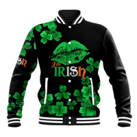 Black unisex baseball jacket with green clover and “I’m Irish” lip graphic