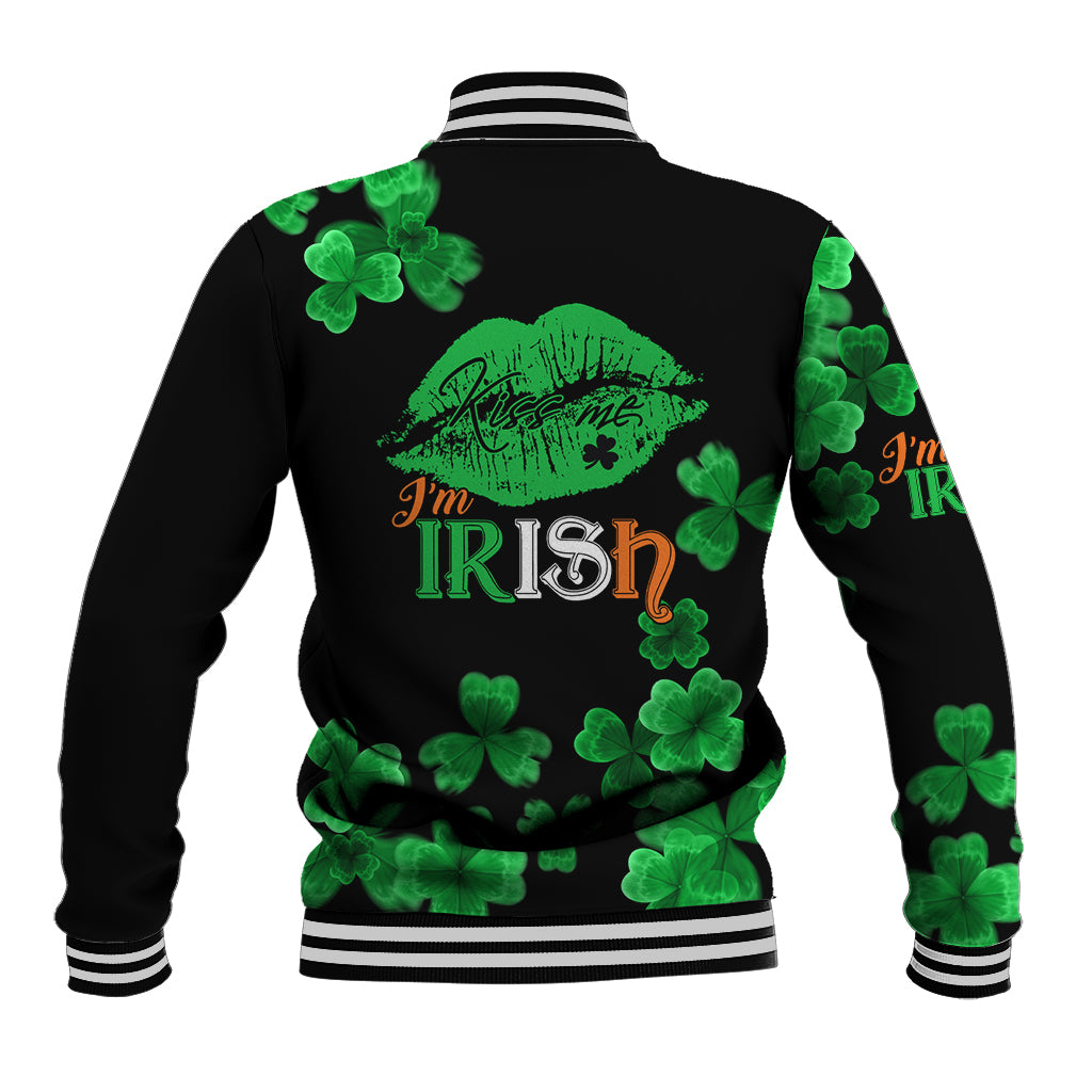 Black unisex baseball jacket with green clover pattern and “I’m Irish” on back