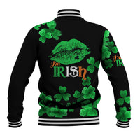 Black unisex baseball jacket with green clover pattern and “I’m Irish” on back