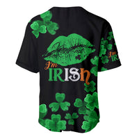Black baseball jersey with green shamrocks and 'I'm Irish' graphic, back view