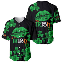 Black baseball jersey with green shamrocks and 'I'm Irish' graphics, two angles shown