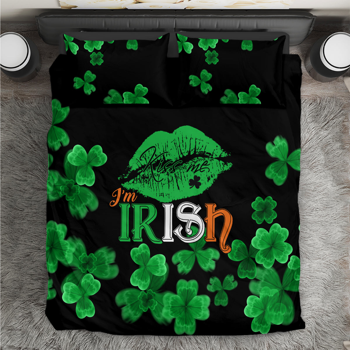 Black bedding set with green clovers and 'I'm Irish' lip graphic on duvet and pillowcase