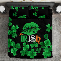 Black bedding set with green clovers and 'I'm Irish' lip graphic on duvet and pillowcase