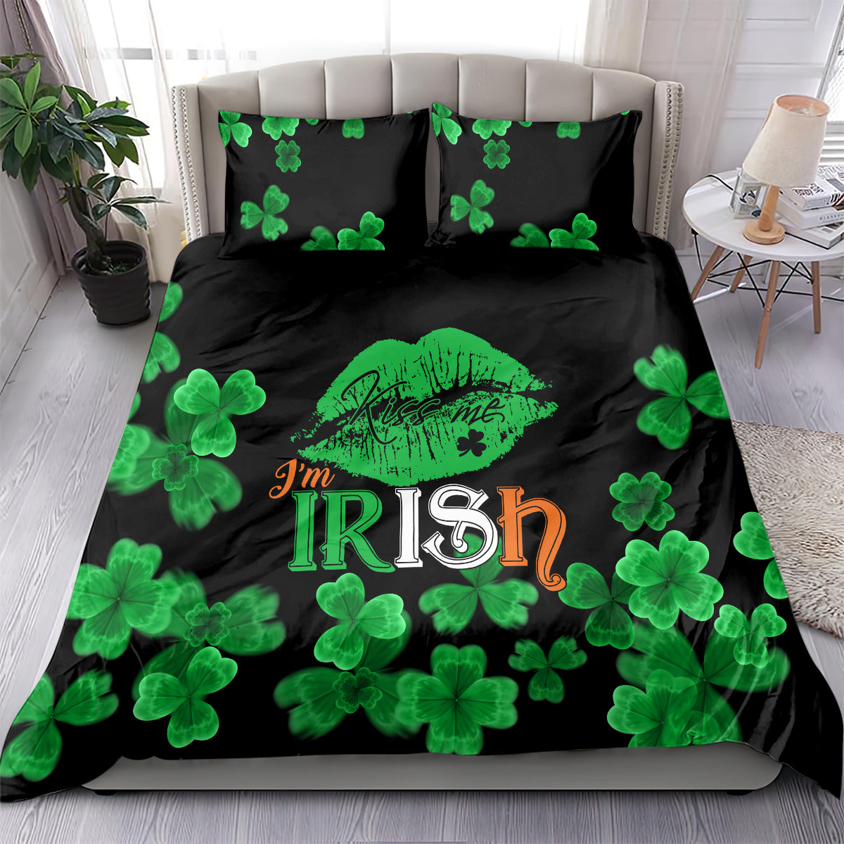 Black bedding set with green clovers and 'I'm Irish' lip graphic on duvet