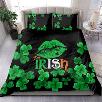 Black bedding set with green clovers and 'I'm Irish' lip graphic on duvet