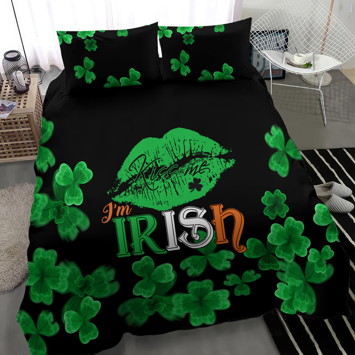 Black bedding set with green clovers and 'I'm Irish' lip graphic centered on duvet