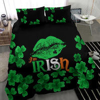 Black bedding set with green clovers and 'I'm Irish' lip graphic centered on duvet