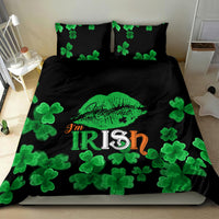 Black bedding set with green clovers and 'I'm Irish' lip graphic on duvet and pillows