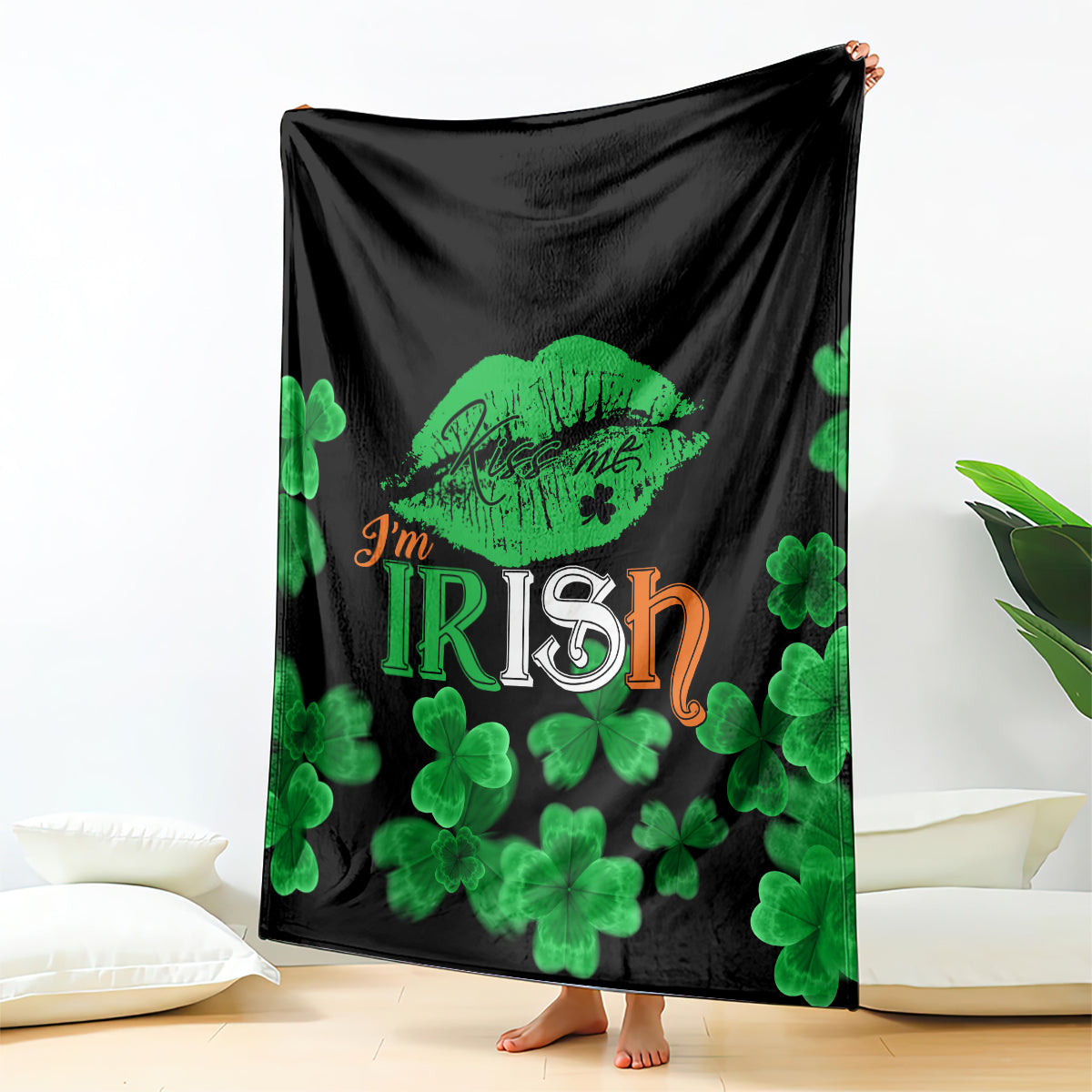 Black St. Patrick's Day blanket with green clovers and “I'm Irish” lip graphic