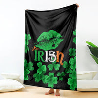 Black St. Patrick's Day blanket with green clovers and “I'm Irish” lip graphic