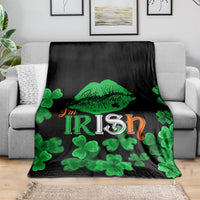 Black St. Patrick's Day throw blanket with “I'm Irish” text and shamrock pattern