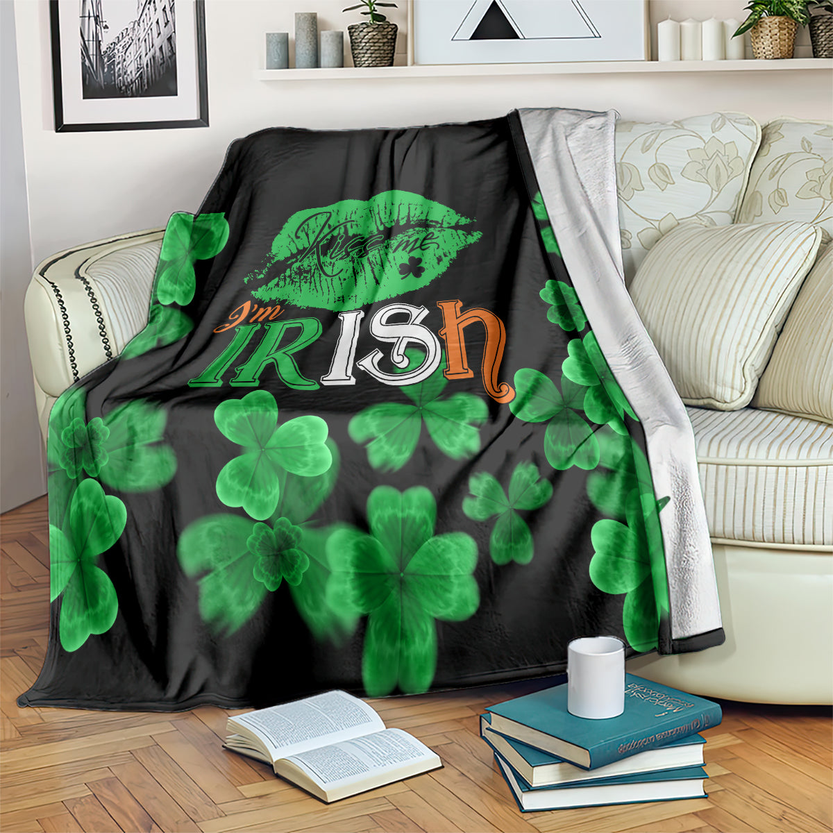 Black St. Patrick's Day blanket with green shamrocks and “I'm Irish” lettering