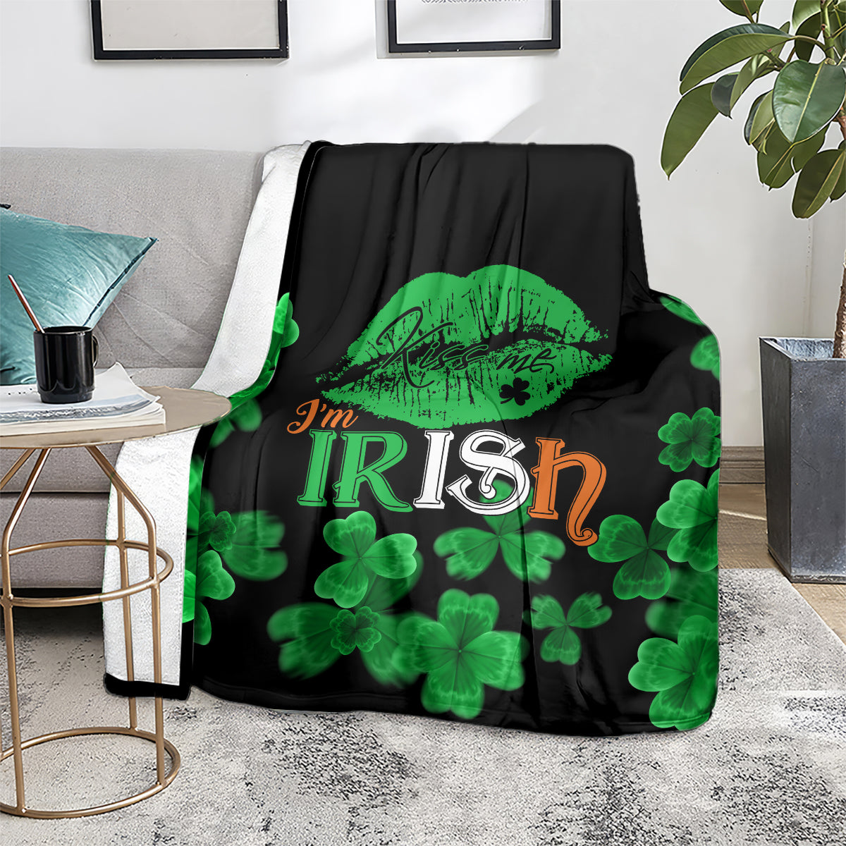 Black holiday blanket with green clovers and “I'm Irish” design for St. Patrick's Day