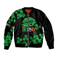 Unisex black bomber jacket, green clover print, 'I'm IRISH' graphic, zip front
