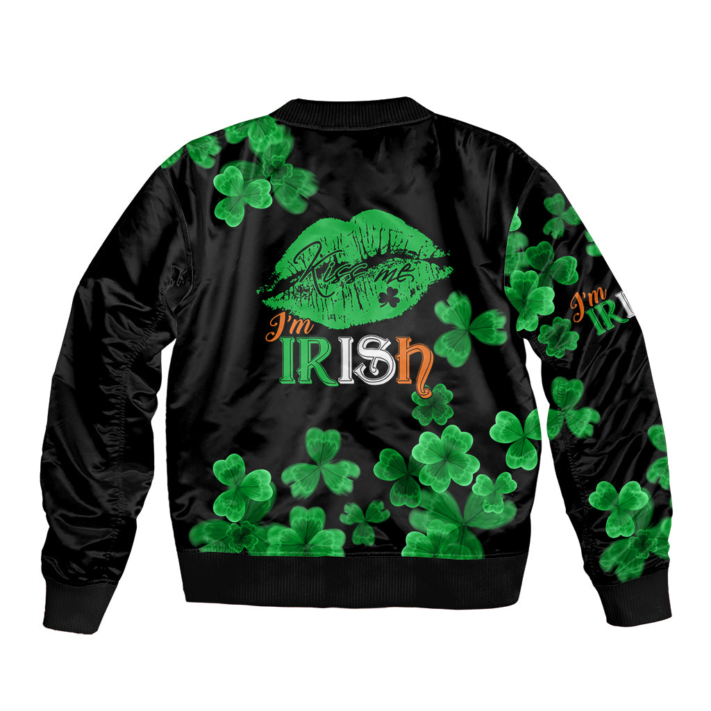 Unisex black bomber jacket with green clover print and 'I'm IRISH' graphic, ribbed hem