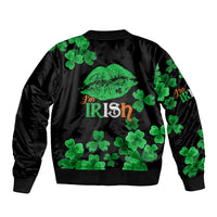 Unisex black bomber jacket with green clover print and 'I'm IRISH' graphic, ribbed hem