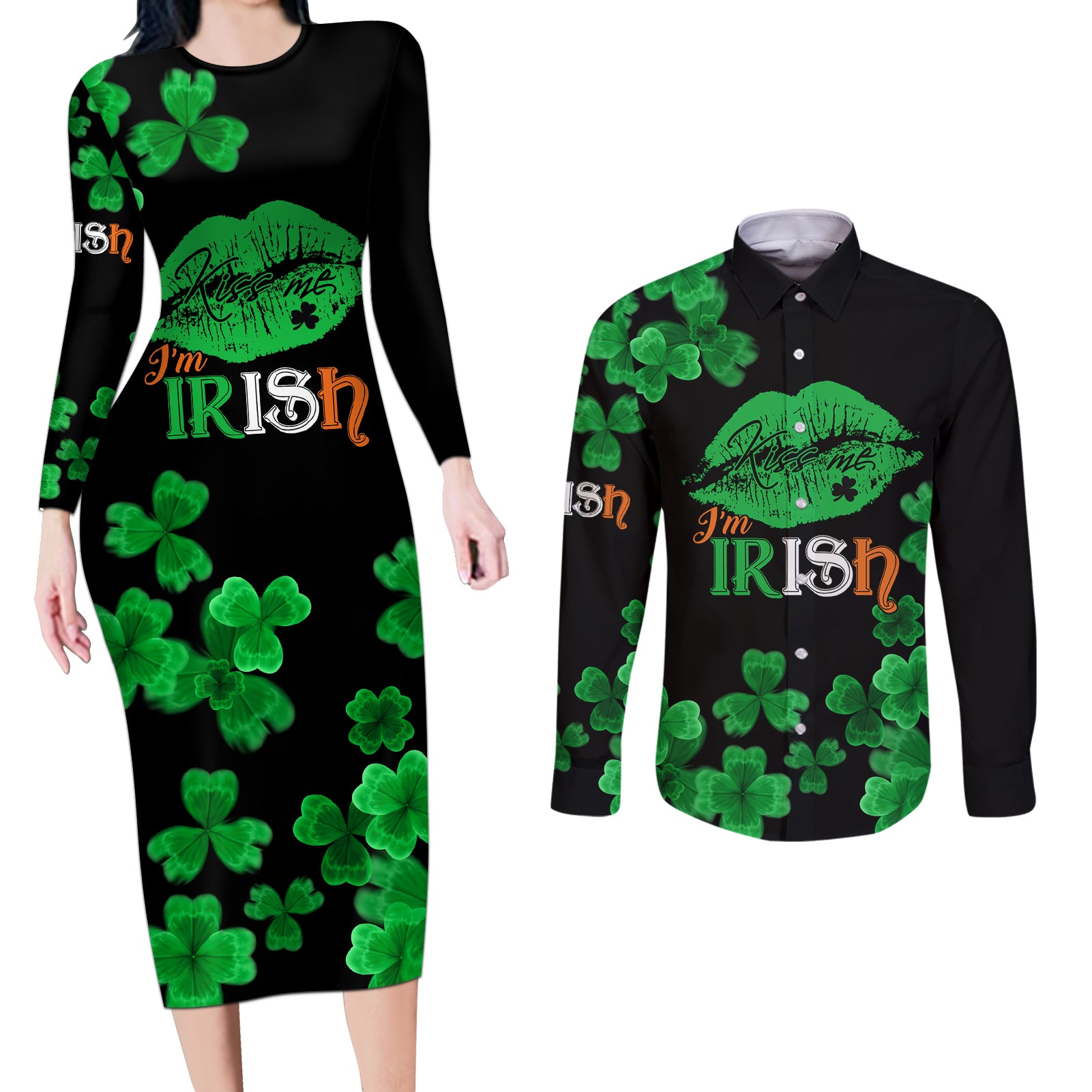 Kiss Me Im Irish St Patricks Day Couples Matching Long Sleeve Bodycon Dress and Long Sleeve Button Shirt LT9 - Wonder Print Shop