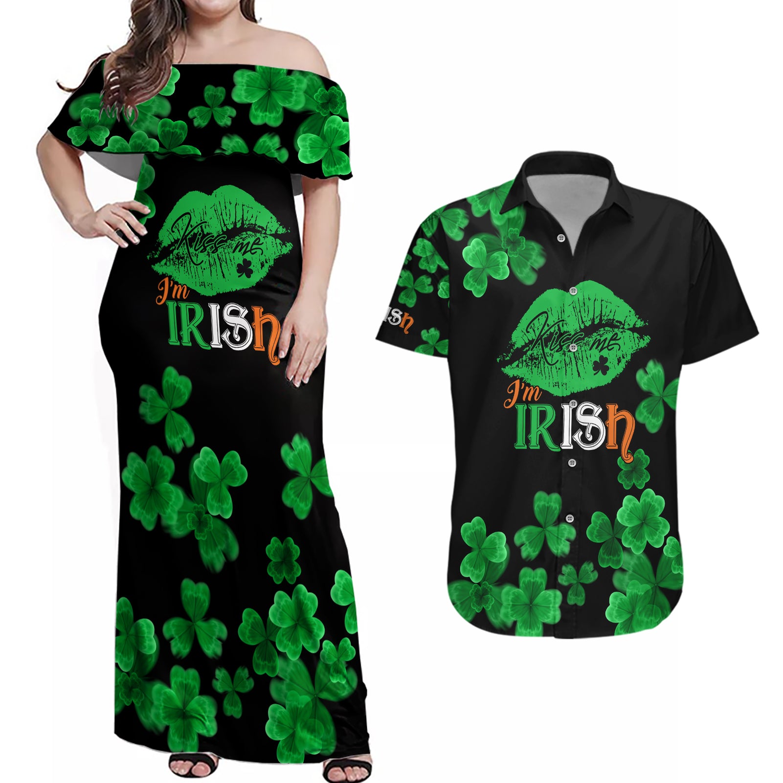 Kiss Me Im Irish St Patricks Day Couples Matching Off Shoulder Maxi Dress and Hawaiian Shirt LT9 - Wonder Print Shop