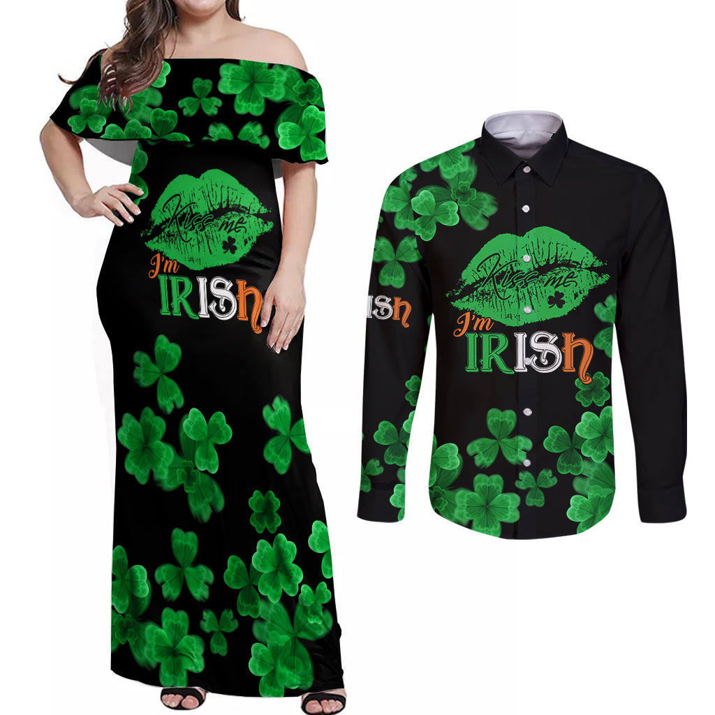 Kiss Me Im Irish St Patricks Day Couples Matching Off Shoulder Maxi Dress and Long Sleeve Button Shirt LT9 - Wonder Print Shop