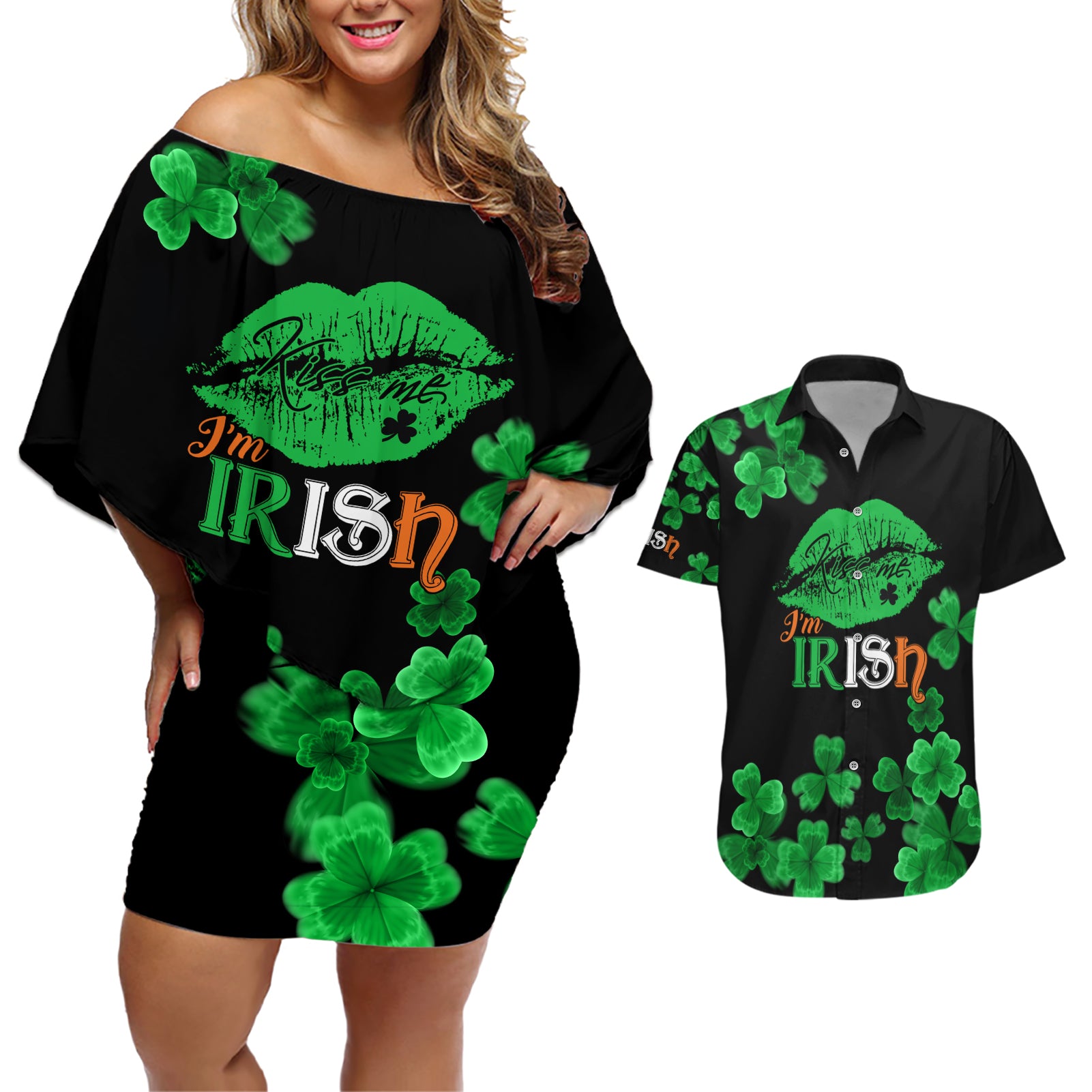 Kiss Me Im Irish St Patricks Day Couples Matching Off Shoulder Short Dress and Hawaiian Shirt LT9 - Wonder Print Shop