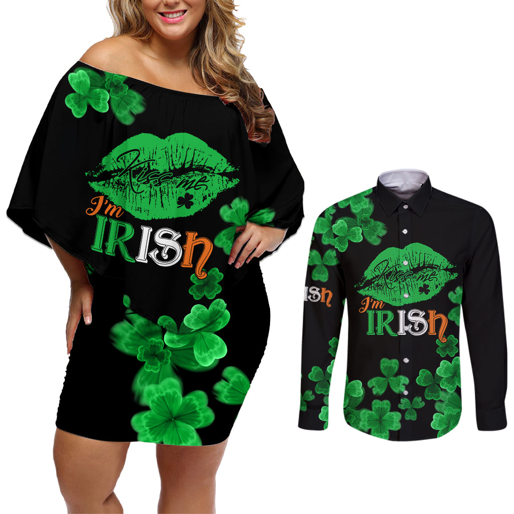 Kiss Me Im Irish St Patricks Day Couples Matching Off Shoulder Short Dress and Long Sleeve Button Shirt LT9 - Wonder Print Shop