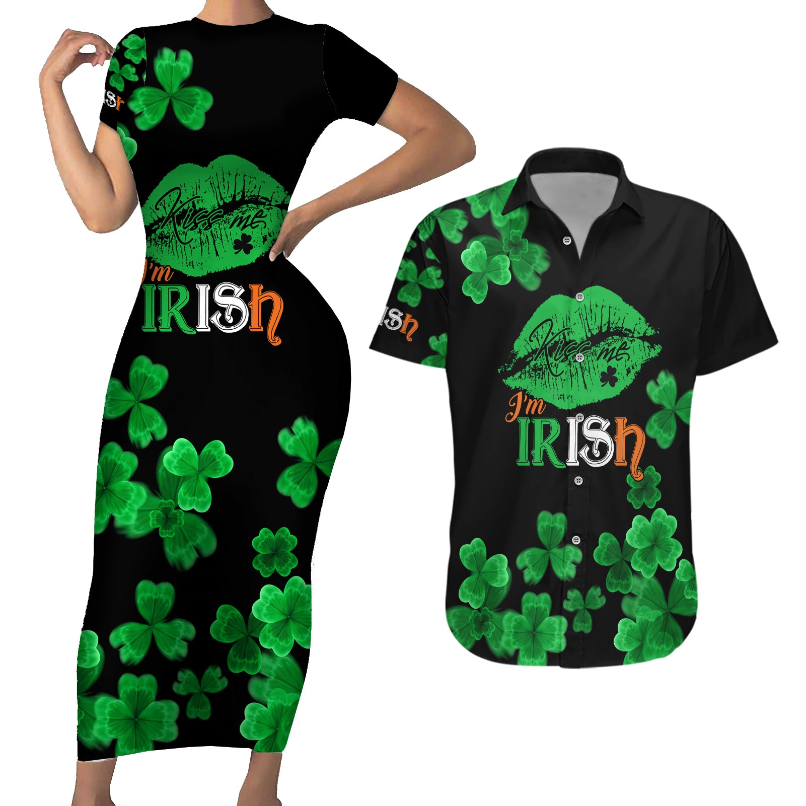 Kiss Me Im Irish St Patricks Day Couples Matching Short Sleeve Bodycon Dress and Hawaiian Shirt LT9 - Wonder Print Shop