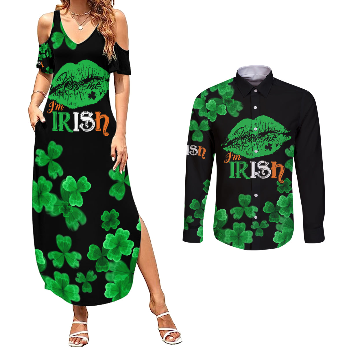 Kiss Me Im Irish St Patricks Day Couples Matching Summer Maxi Dress and Long Sleeve Button Shirt LT9 - Wonder Print Shop