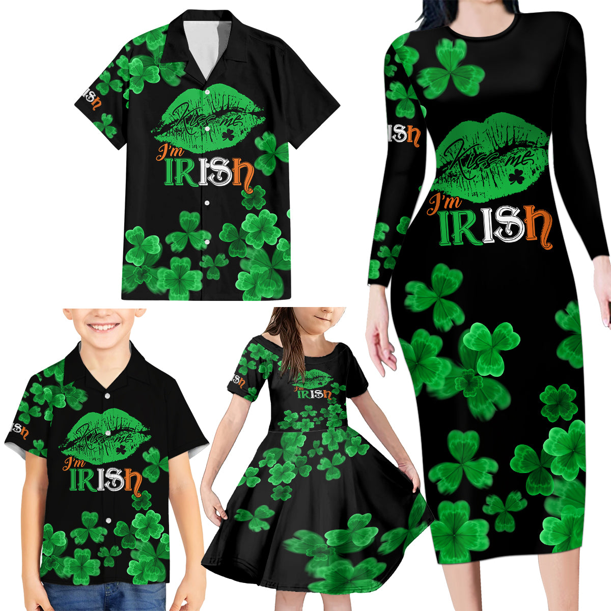 Kiss Me Im Irish St Patricks Day Family Matching Long Sleeve Bodycon Dress and Hawaiian Shirt LT9 - Wonder Print Shop