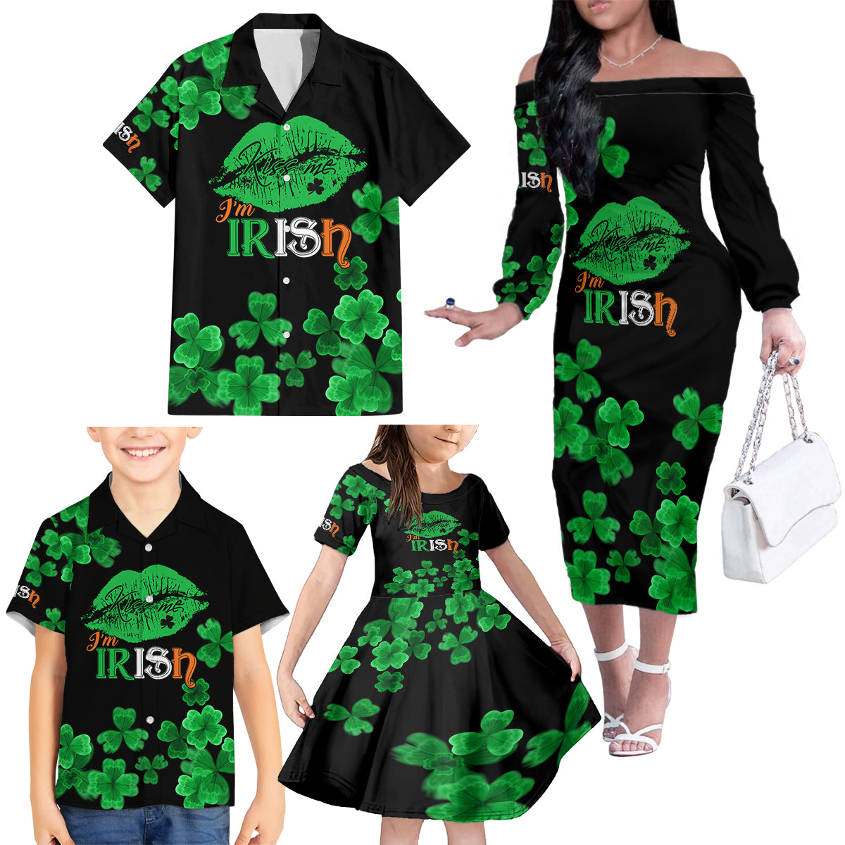 Kiss Me Im Irish St Patricks Day Family Matching Off Shoulder Long Sleeve Dress and Hawaiian Shirt - Wonder Print Shop