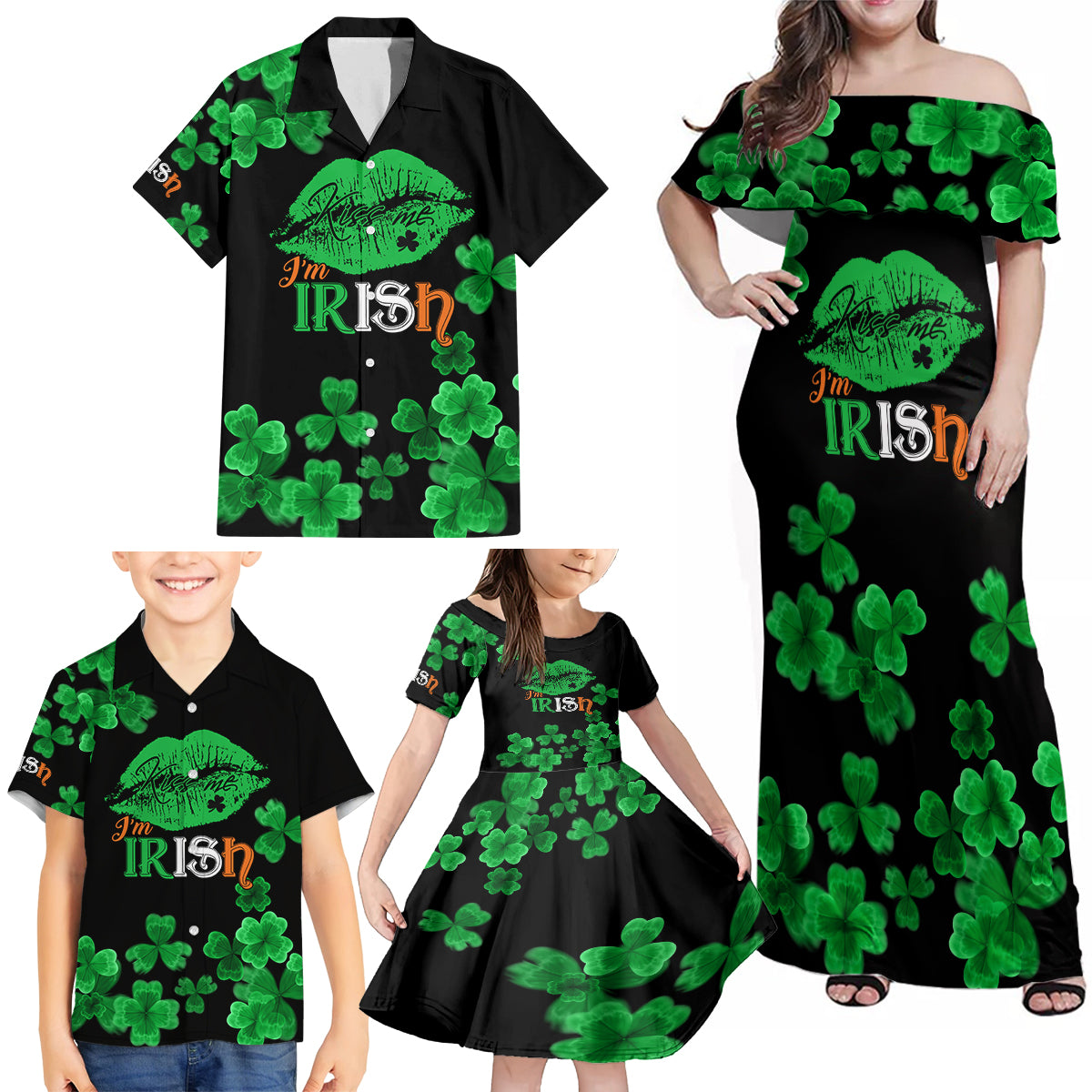 Kiss Me Im Irish St Patricks Day Family Matching Off Shoulder Maxi Dress and Hawaiian Shirt LT9 - Wonder Print Shop