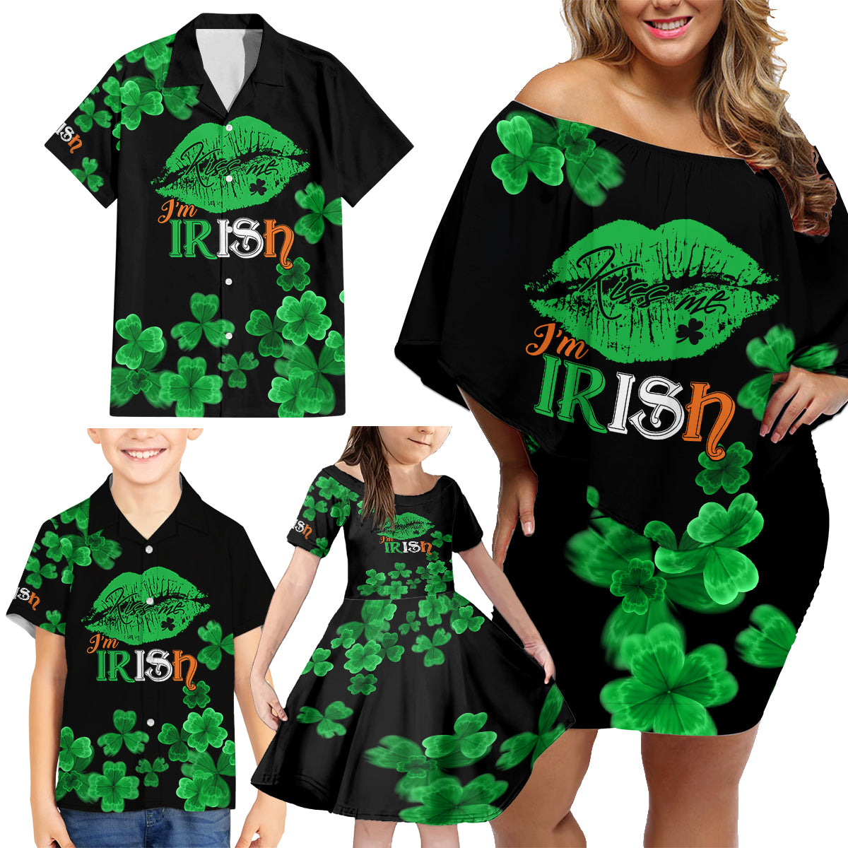 Kiss Me Im Irish St Patricks Day Family Matching Off Shoulder Short Dress and Hawaiian Shirt LT9 - Wonder Print Shop